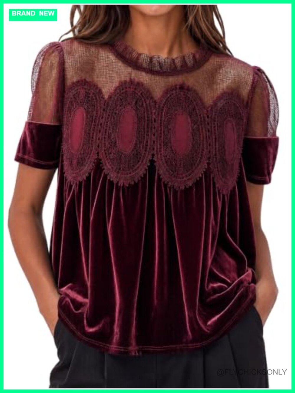 Velvet Lace Babydoll Blouse with Puff Short Sleeves and Peplum Silhouette